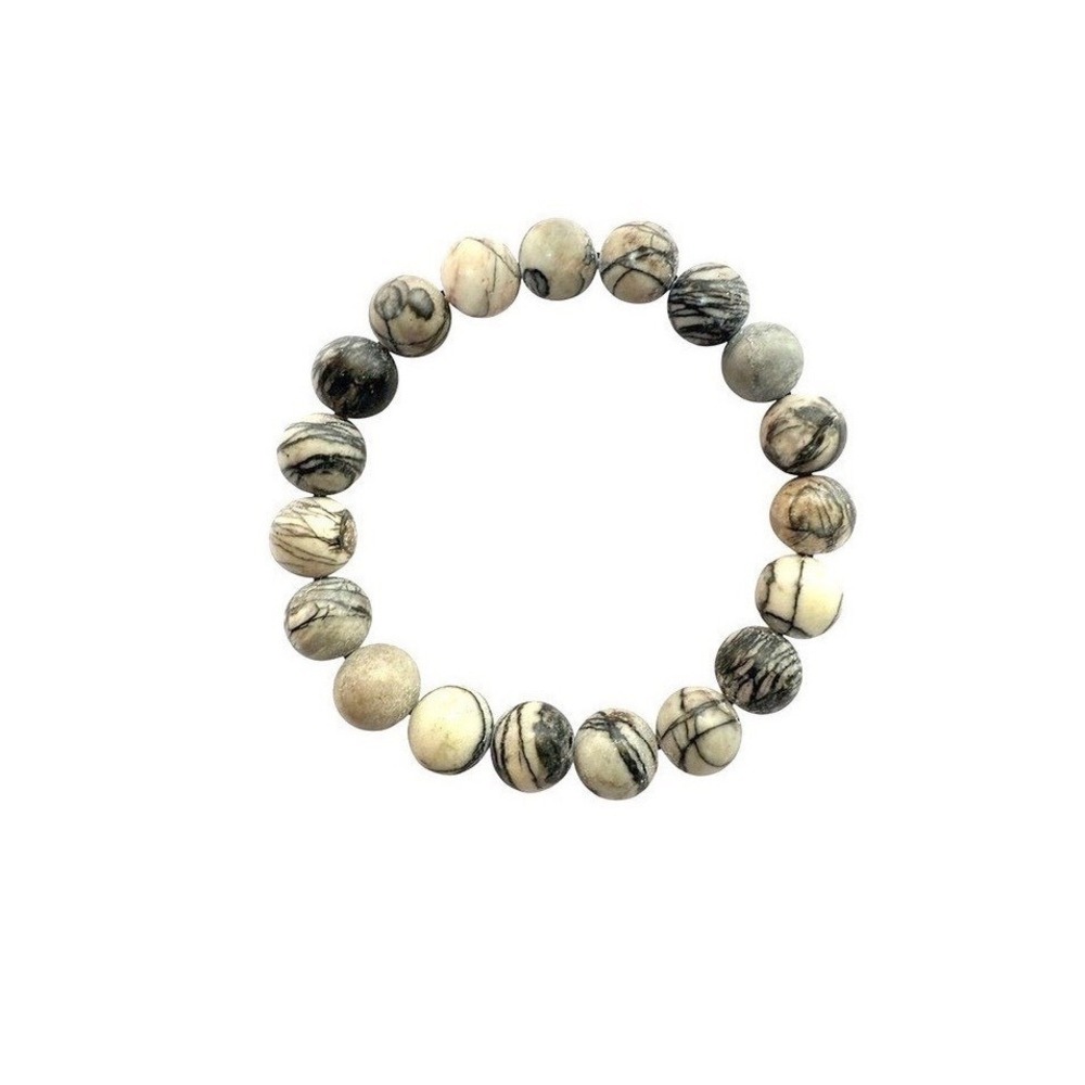 Beaded Stretch Bracelet OS Grey White Marbled Stone Zebra Jasper Style Boho